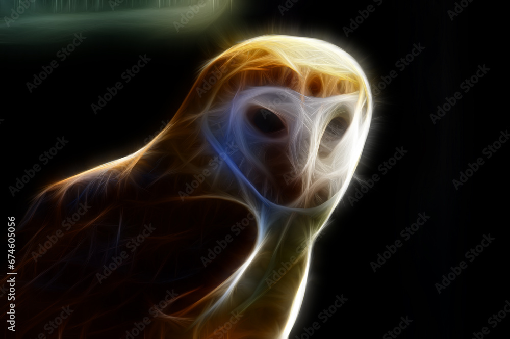 White and brown owl on a blurred background line art in neon style