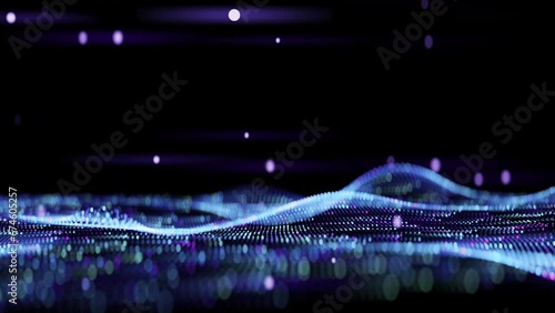 Data wave or water waves around rising glowing spheres. Looped. Dot terrain cold waves. Light trails. Big data. Visualization of proton pump.