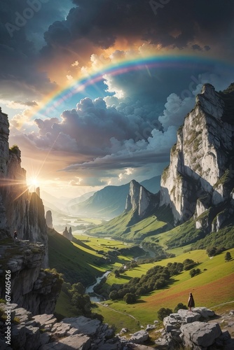 Sunrise and rainbow in the mountains. AI generated