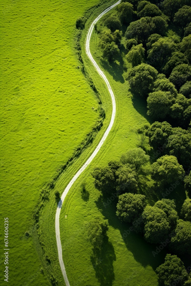 Aerial view of a pathway winding through green springtime meadows and forest, Generative AI Aerial view of a pathway winding through green springtime meadows and forest, Generative AI