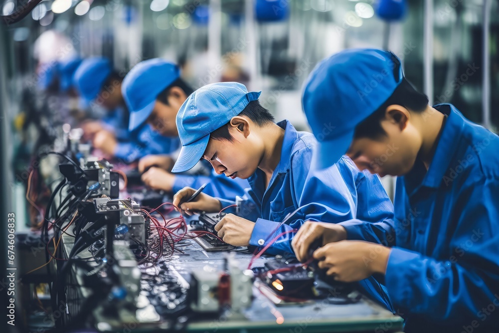 Asian man worker. Modern factory. AI generative