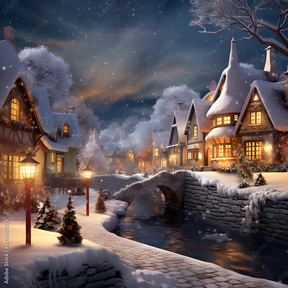 Winter night in european village. 3D rendering. High quality photo