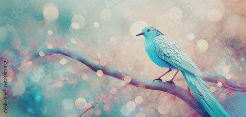illustrazione di uccello dal piumaggio azzurro appollaiato sul ramo di un albero, sfondo con aloni di luce in colori pastello photo