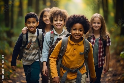 Group portrait of cheerful smiling multiethnic children with backpacks in summer forest. Happy boys and girls of different skin colors play and learn tourism skills. Diversity and friendship concept. © Georgii