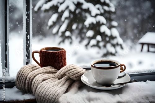 Cup of coffee and knitted sweater on the window age with winter scene outside 