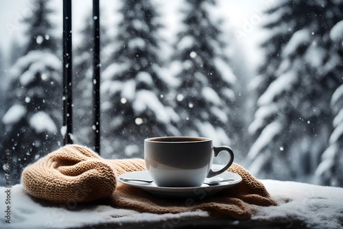 Cup of coffee and knitted sweater on the window age with winter scene outside 