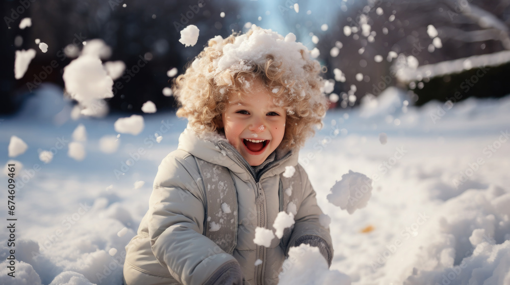 little cheerful european curly child playing snowballs on the street in winter, emotional face, boy, girl, portrait, new year, christmas, kid, toddler, frost, park, walk, holidays little cheerful european curly child playing snowballs on the street in winter, emotional face, boy, girl, portrait, new year, christmas, kid, toddler, frost, park, walk, holidays