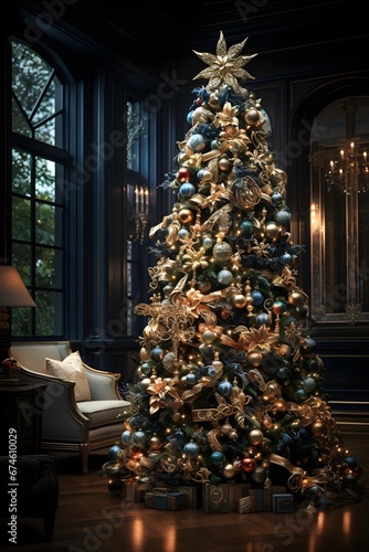 Christmas tree in the interior of the living room. 3d rendering