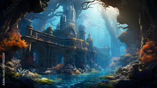 Digital painting of a fantasy landscape with a fantasy temple and a river
