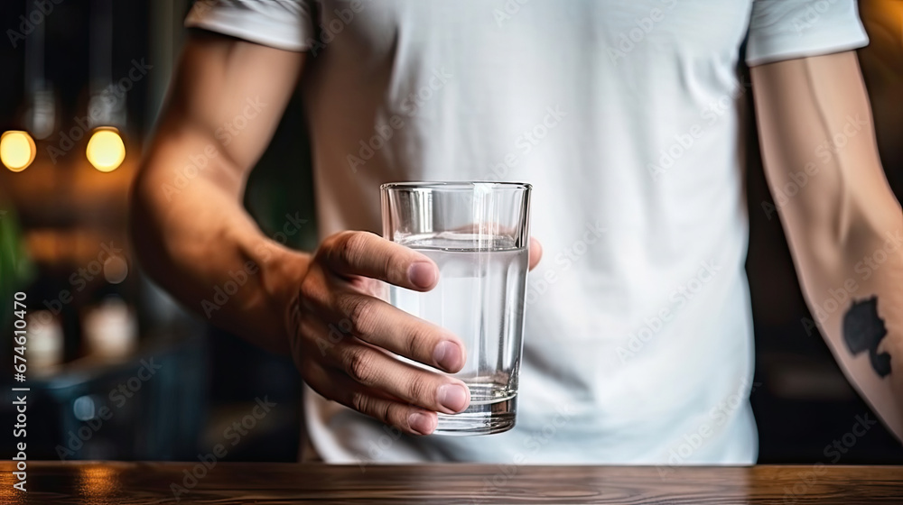 A young man in a white T-shirt drinks clean water in a clear glass cup close-up. health concept