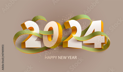 Happy New Years 2024. Greeting card design with date and green ribbon. Modern elegant numbering design.