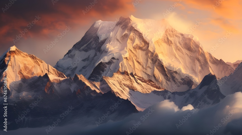 Mountains in the clouds at sunset. Panoramic view.