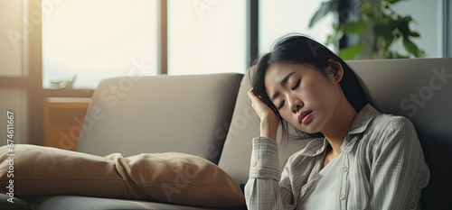 Asian woman resting at home on couch, feeling exhausted after work, lacking energy, or overworked, too tired, and lacking motivation