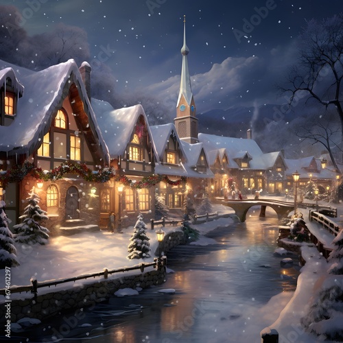 Beautiful winter village on the background of the night starry sky
