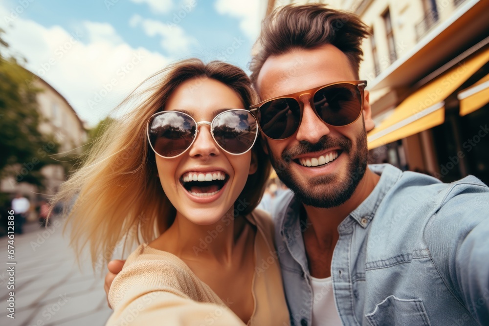 Young couple do selfie while vacation in city. Young couple do selfie while vacation in city.
