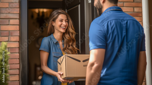 smiling woman customer recieve brown package box parcel from friendly delivery man , logistics business concept