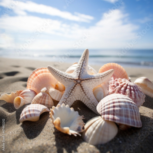 Starfish ans seashell on summer sand in summer timeon the coast.Summer holiday concept for travel, vacations, and cards.
