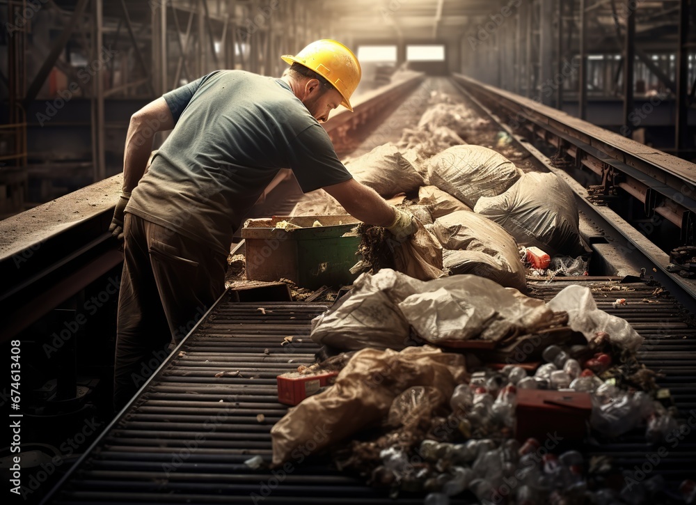 Worker sorts garbage on conveyor belt at waste recycling plant