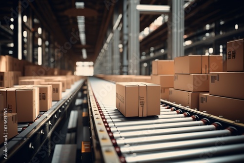 Conveyor roller with cardboard boxes, distribution warehouse and parcel transportation system, working conveyor belt in warehouse delivery service Generative AI © Iaroslav Lazunov