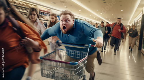 Man running with shopping cart. Sale concept.  photo