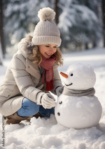 child makes a snowman in winter, childhood, white snow, kid, toddler, childhood, outdoor fun, new year, holidays, christmas, family, walk in the park, hat, warm, smile, joy