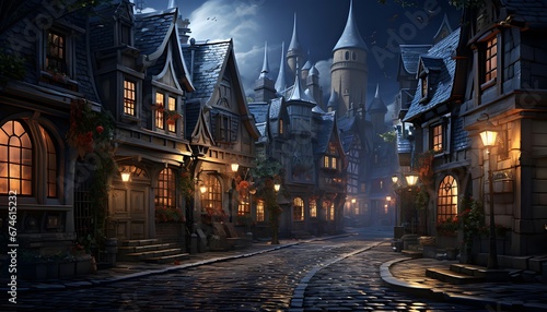 Fairy tale castle in the night. Panoramic view.