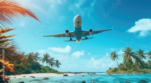 airplane flying over tropical palm trees. clear blue sky vacation time.