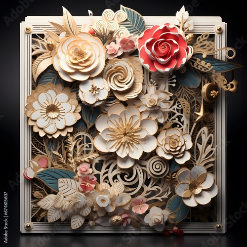 Wooden frame with decorative flowers on a black background. Decorative elements.