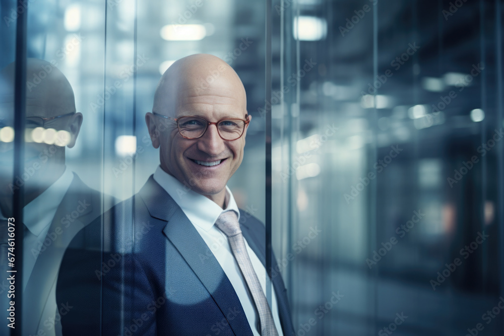 Portrait of successful businessman standing against glass wall. Smilng senior entrepreneur in formal clothing looking at camera. Mature happy man on glass background with copy space.