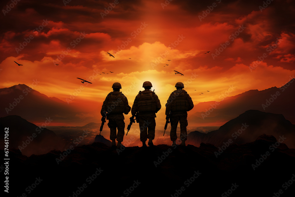 three military soldiers' silhouettes standing atop a mountain at sunset, resolute in the face of an impending battle
