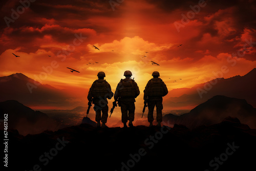 three military soldiers' silhouettes standing atop a mountain at sunset, resolute in the face of an impending battle