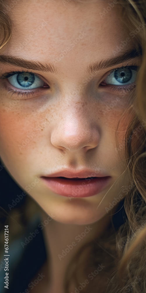 Intense gaze of a young individual with striking blue eyes and freckled skin, captured in a close-up portrait.