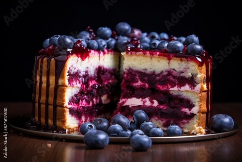 Blueberry cake sliced, tasty cake with layers and creams