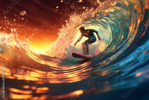 Man surfer catching a big wave at sunset