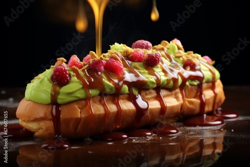 Pistachio eclair with raspberry and chocolate on top