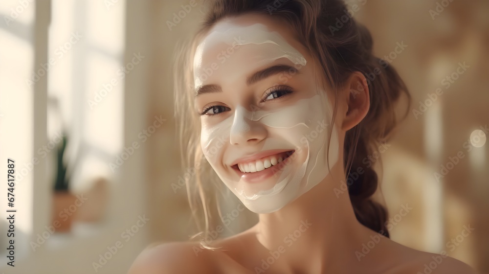 Young girl with a mask on her face in the bathroom. Young girl with a mask on her face in the bathroom.