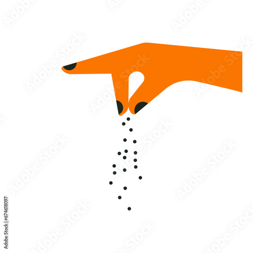 Hand sprinkle. Sprinkling hand gesture. Condiment, salt, pepper, sugar or spice pinch. Cooking. Flat trendy abstract style. Vector illustration, isolated on white. For recipes, menu, cafe, decor.
