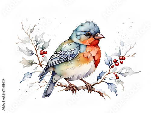 Winter bird on a branch with berries. Watercolor illustration. Great for invitation or greeting cards, posters and banners. © Logvin art