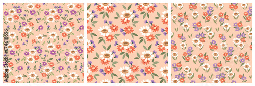 Seamless floral pattern, liberty ditsy print with cute mini flowers in the collection. Romantic botanical design, simple pretty decor: small flowers, tiny leaves, pink background. Vector illustration.