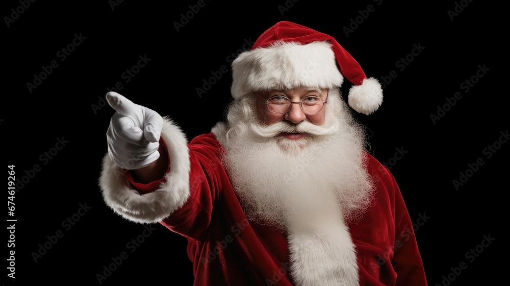 smiling Santa claus pointing to the blank space with black background. Generative AI 