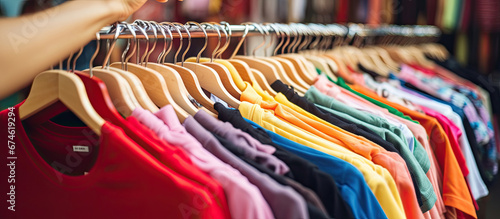 Close up of woman hand choosing thrift young and discount t-shirt clothes in store, searching or buying a cheap cotton shirt on rack hanger at flea market, stall shopping apparel fashion concept