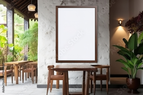 Blank white vertical billboard on wall in cafe interior, inside advertising poster, mock up, concept of marketing communication to promote or sell idea