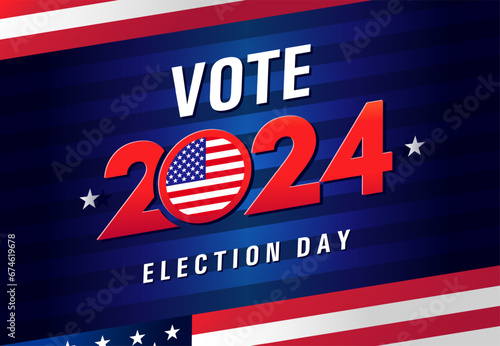 Vote 2024, election day USA. US debate voting poster. Vote 2024 in United States, banner design with flags. Political election campaign