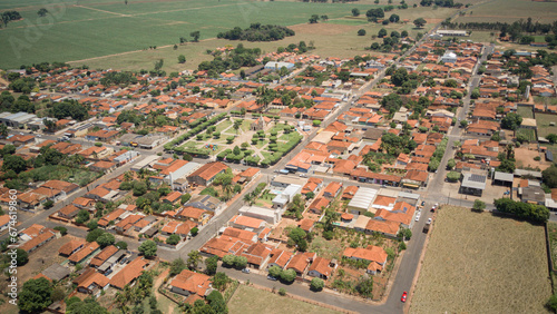 Panoramic aerial drone view of the rural neighborhood and district of Nova Itapirema, located in Nova Aliança/SP with a general view of the urban area and the chapel and central square