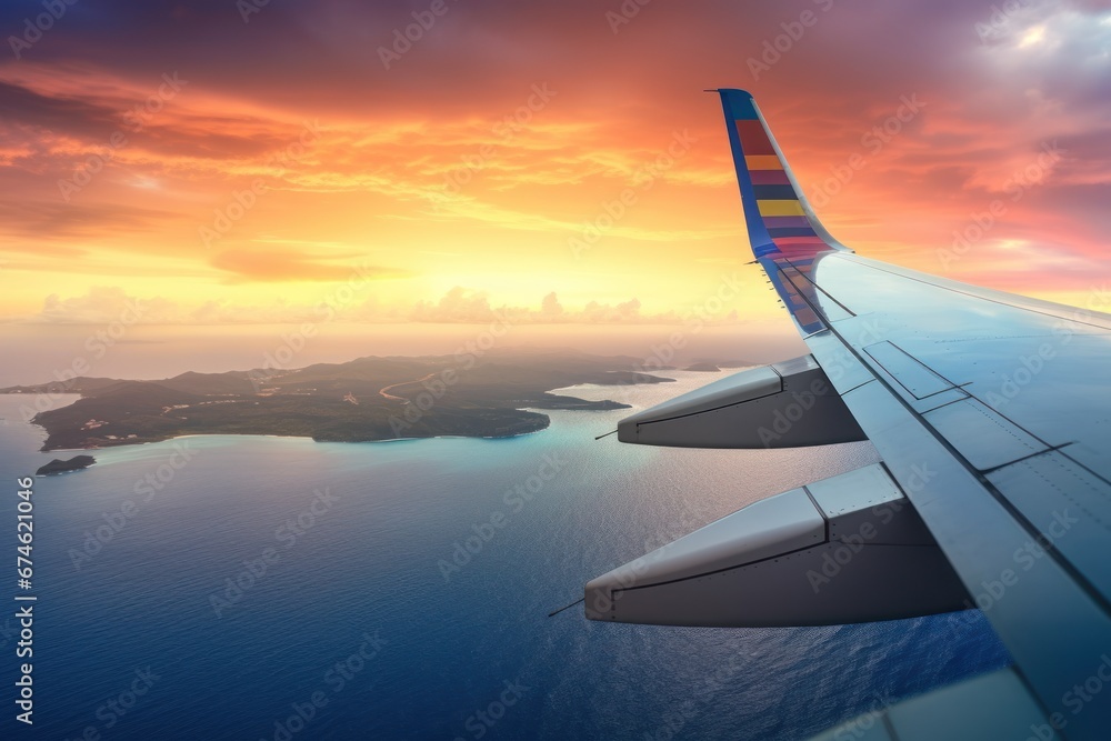 Fototapeta premium Airplane wing flying a jet over a tropical island in the ocean.