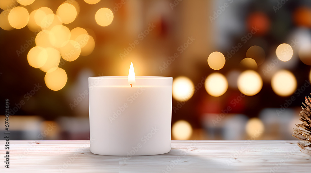 Close up of a burning candle with blurred Christmas background and copy space for text Close up of a burning candle with blurred Christmas background and copy space for text