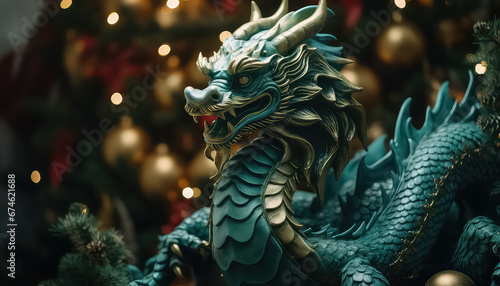 Green Chinese dragon on blurred festive background, new year concept © terra.incognita