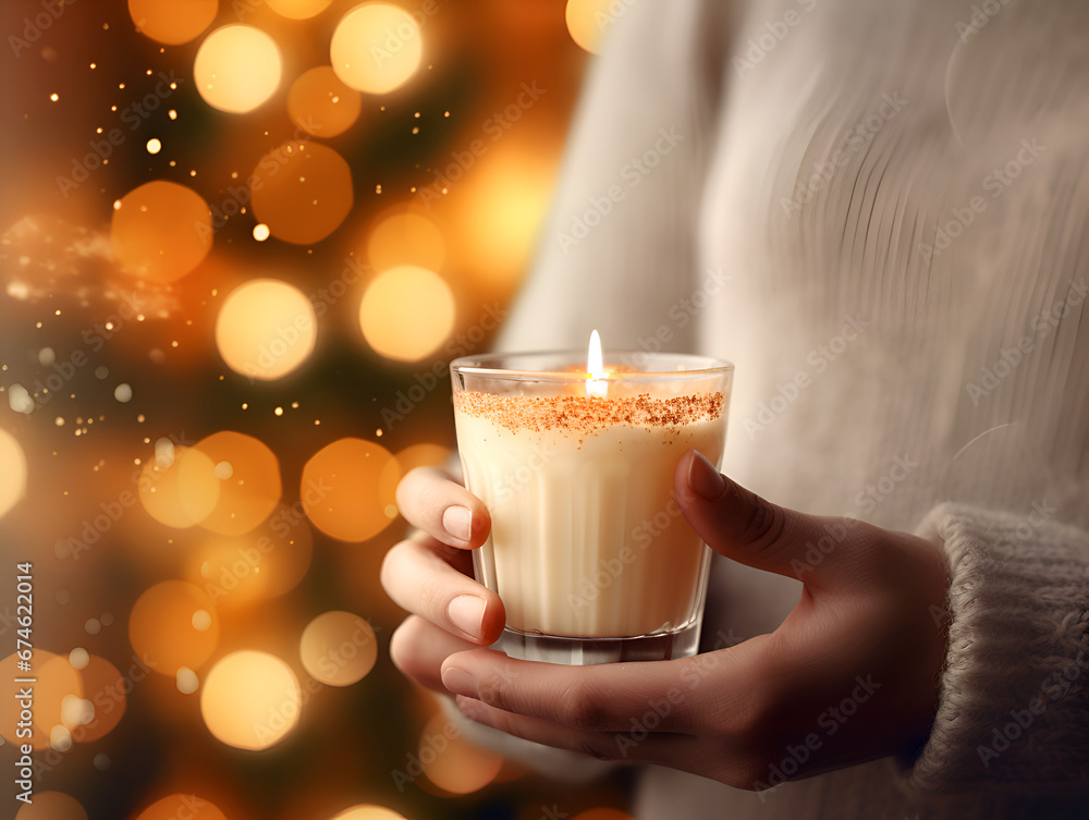Close up of woman's hands holding a burning candle with blurred lights in background Close up of woman's hands holding a burning candle with blurred lights in background