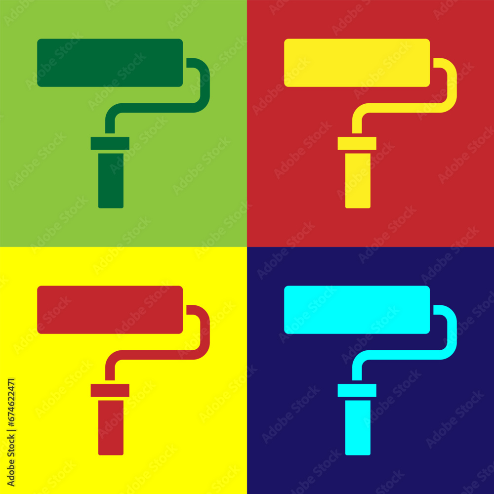Pop art Paint roller brush icon isolated on color background. Vector