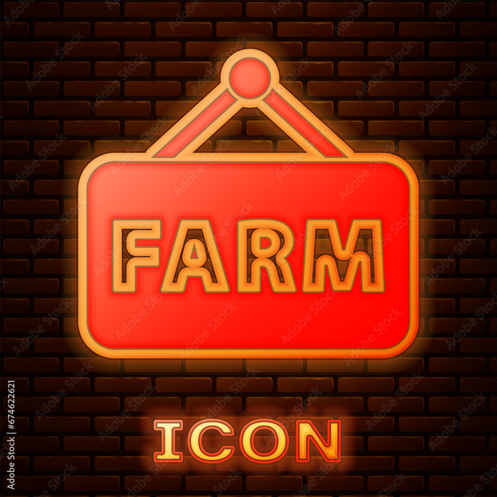 Glowing neon Signboard with text Farm icon isolated on brick wall background. Vector Glowing neon Signboard with text Farm icon isolated on brick wall background. Vector